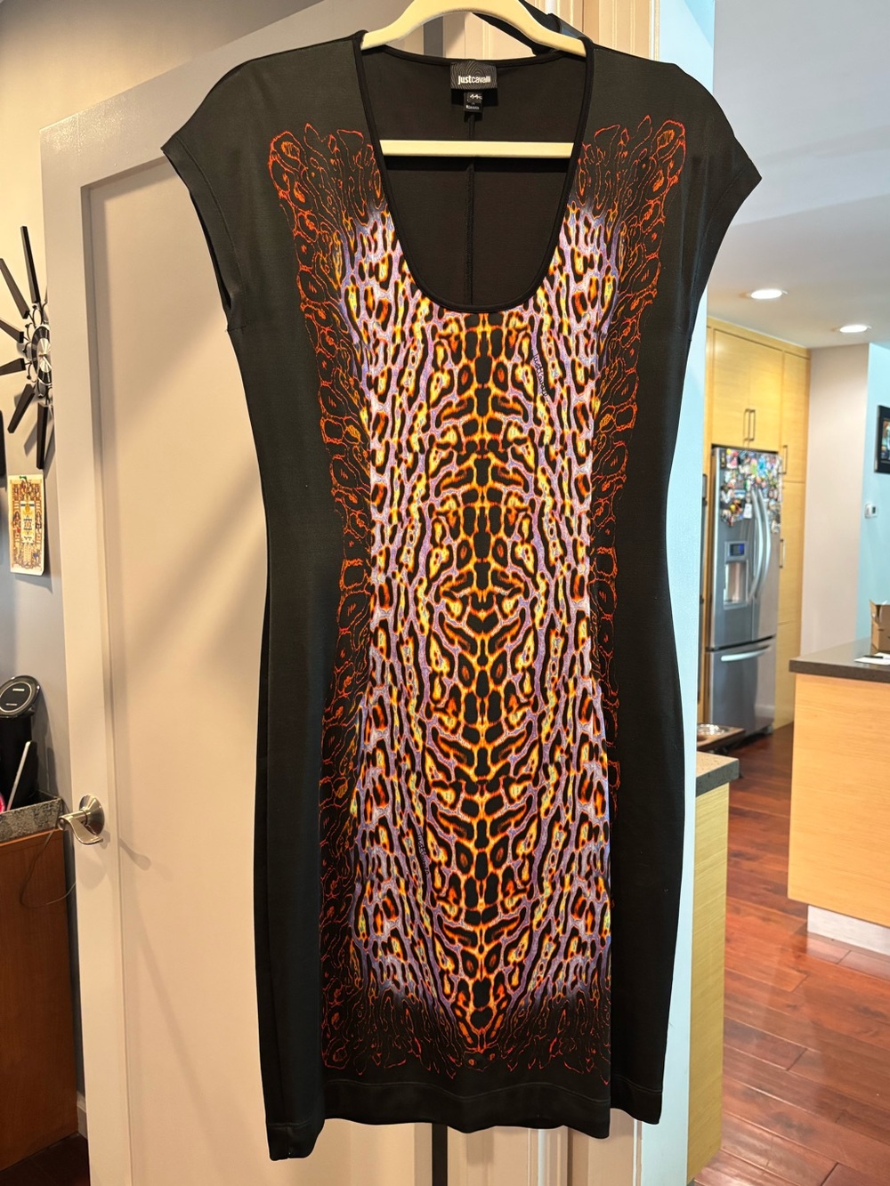 Lovely Just Cavalli Black Dress with Vibrant Leopard-Print Front Panel